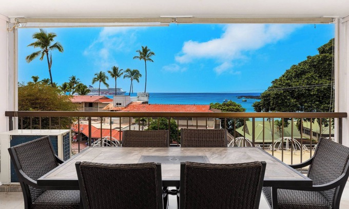 Historic Kailua Village Condo | Kona Plaza#302: Third Floor, Ocean View in Heart of Kona Town, Ac & Elevators