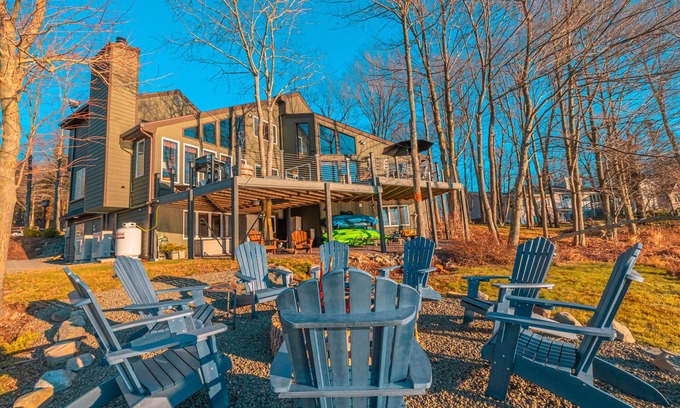 Gouldsboro House | Lake views from every room! West End Pond has hot tub/game room/fireplace/kayaks