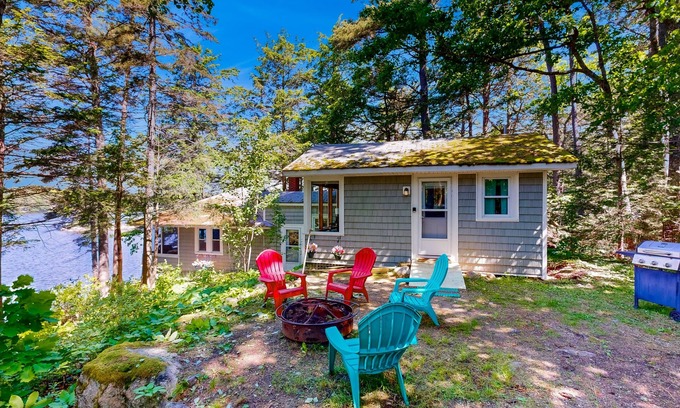 Bremen Cabin | Lakefront cottage with dock, screened porch, & Island in Biscay Pond