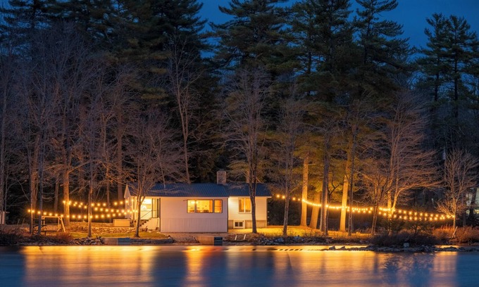 Bridgton House | Lakefront home on Moose Pond with expansive views of Pleasant Mountain + hot tub