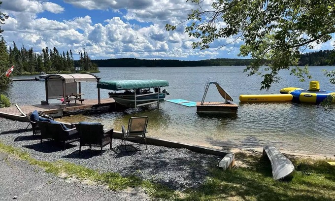 Northern Ontario Cabin | Lakefront Log Cabin w/Private Beach, Floating Water Park, Dock & Firepit