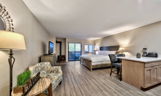 South Lake Tahoe Condo | Lakeland Village #107 Laugh & Love Updated Studio Fireplace AC Pools Hot Tubs