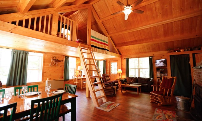 Ellsworth Cabin | Lakeside Pine Cone Cabin 30' private beach & dock, Fireplace , Kayaks, Canoe