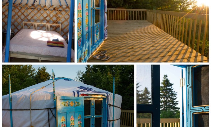 Indian Brook Resort | Large sky blue yurt at Cabot Shores Wilderness Resort