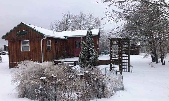 New Plymouth Cabin | Located behind a tree filled garden near our horse barn and Farm Sanctuary.
