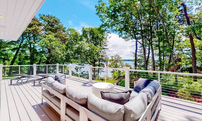 Yarmouth Port House | Luxe lakefront home on Follins Pond with private beach, amazing decks & yard