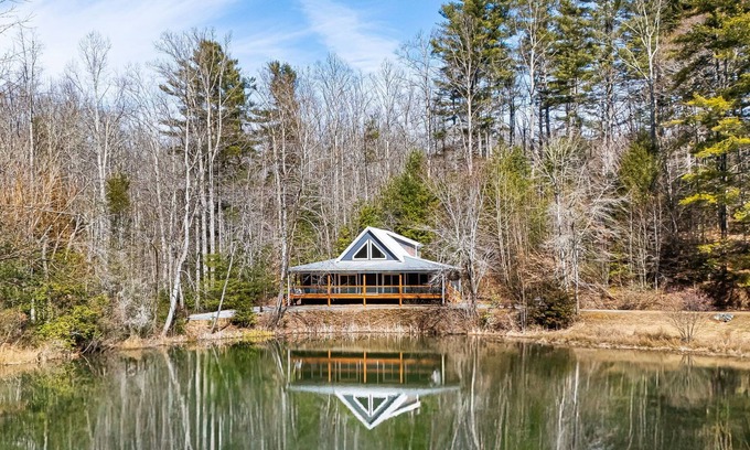 Pisgah Forest House | Luxe Pond-Front Cabin w/Fire Pit + Biltmore Pass | Pet-Friendly Escape