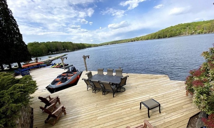 Lake Ariel House | Luxury Lakefront Living: 100' Dock; Kayaks; SUP; Firepit; Rustic Elegance Await!