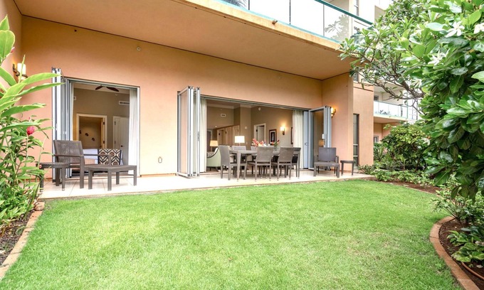 Kaanapali Condo | Maui Resort Rentals: Honua Kai Hokulani 112 – Super Quiet and Private Ground Floor 2BR, Easy Access to Pools, Beach, and BBQs, Large Lawn Area!