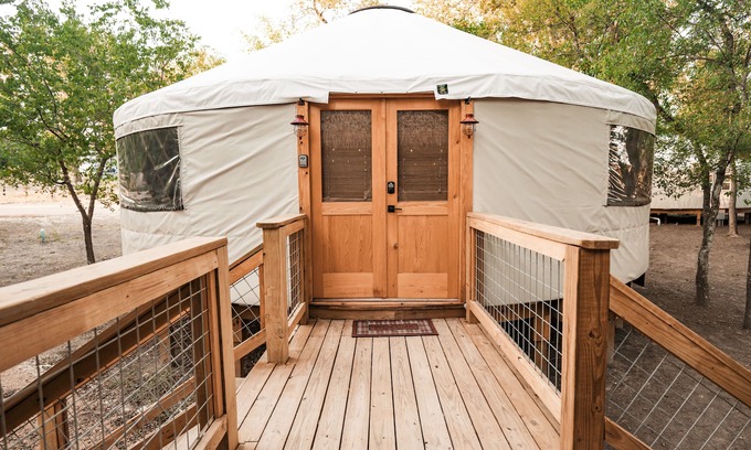 Bandera Cabin | Mockingbird Yurt/Cold A/C! Hot Tub/Medina River Access/River Yurt Village