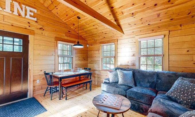 Lincolnville Cabin | Modern log cabin with patio, grill, and washer/dryer