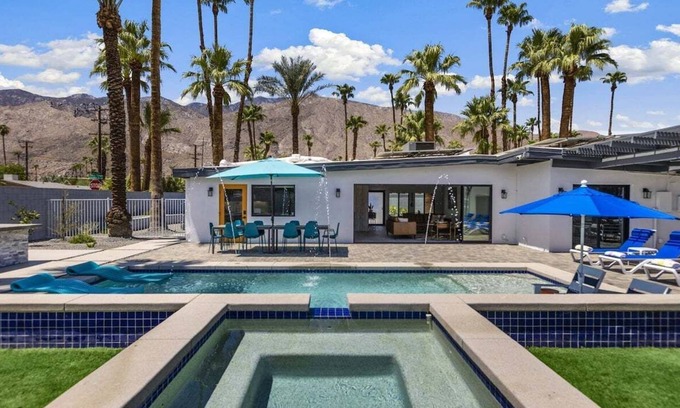 Warm Sands House | Modern Posh – Mid-Century Oasis with Pool, Spa, Game Yard & Mountain Views