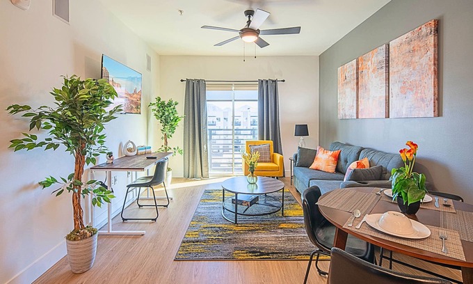 Desert View Village Condo | Modern Stay Swim Breaks In-Unit Laundry Work Desk