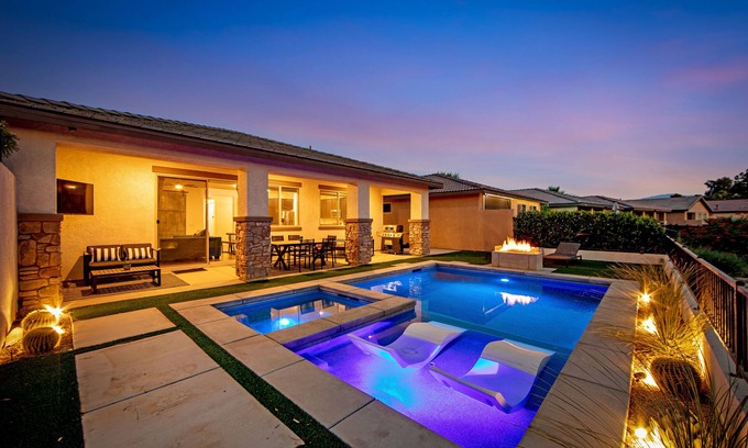 Indio House | Mountain-view home with private pool/spa, central AC, washer/dryer, & game room