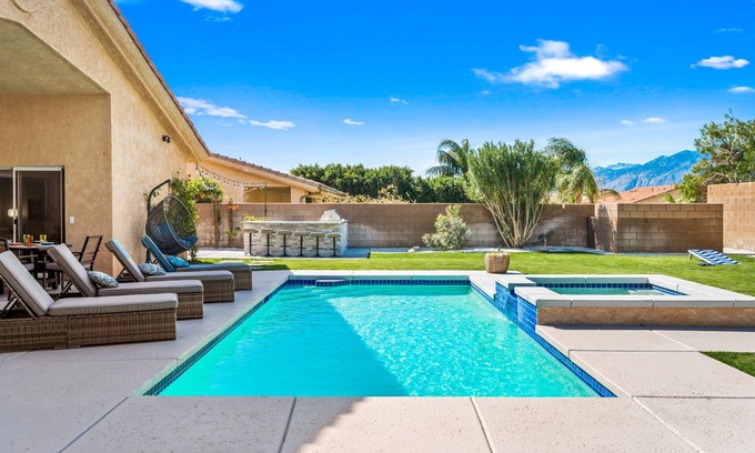 Desert Hot Springs House | NEW! Mountain Views, Saltwater Pool&Spa, Firepit and Outdoor BBQ and bar area