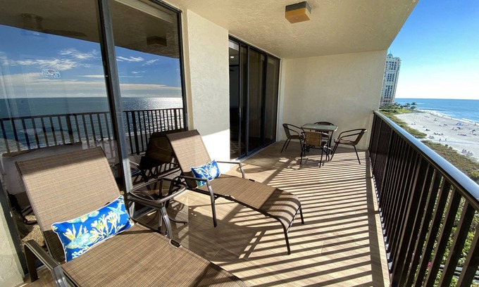 Marco Island Condo | 🦀 Newly remodeled Sea Winds 2+2 Beachfront Condo 180° ocean view, Weekly Rental