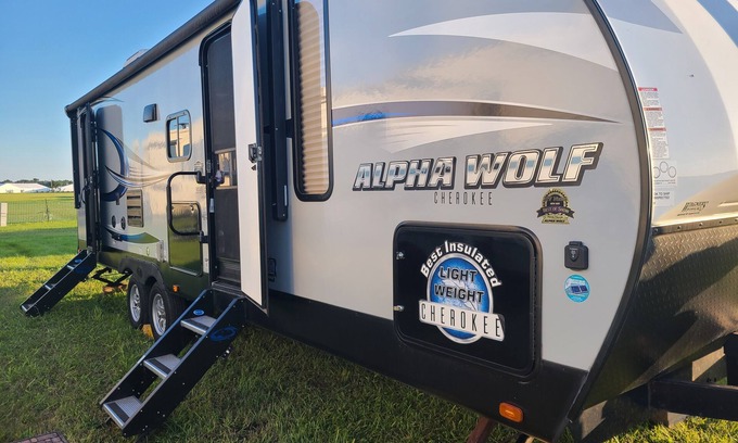 Suamico RV Rental | NFL Draft Glamping with Indoor Fireplace