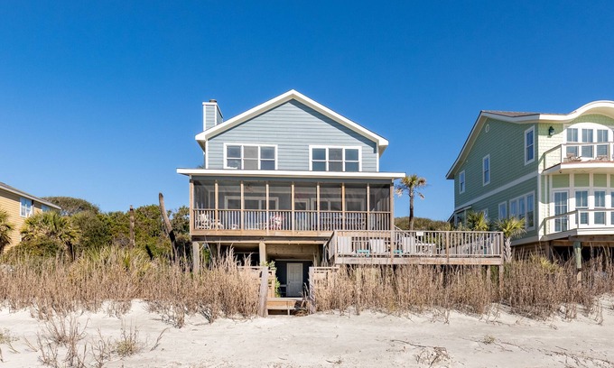 Folly Beach House | Oceanfront! 7 Bedroom/3 Bath Private Home/Sleeps 16/Sundeck & Screened Porch!