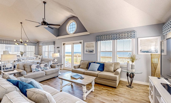Frisco House | Oceanfront dog-friendly home with private hot tub, ocean-view sundecks, AC & W/D