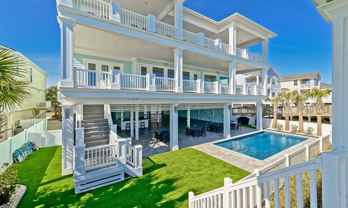 Ocean Isle Beach House | Oceanfront Wedding Friendly Heated* Pool Tiki Bar Elevator