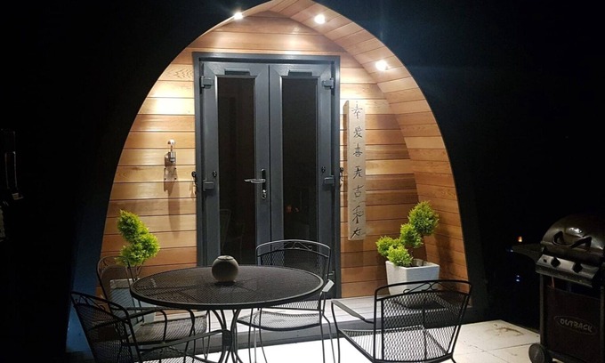 Swaffham Cabin | Oriental Garden Pod. Set in our gorgeous garden of bonsai, pagoda and koi pond.