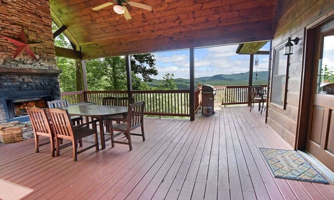 Mineral Bluff Cabin | Pet-friendly, mountain view cabin rent with an outdoor fireplace, hot tub and pool table. Free WiFi