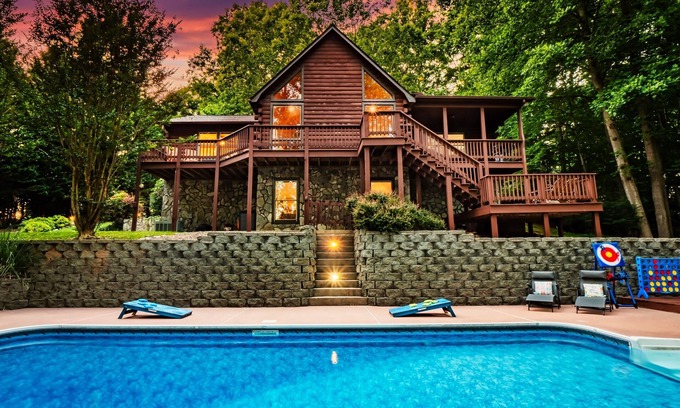 Mount Airy Cabin | Private Luxe Riverfront Cabin: Pool; Hot Tub; Fire pit; Game Room; Disc Golf
