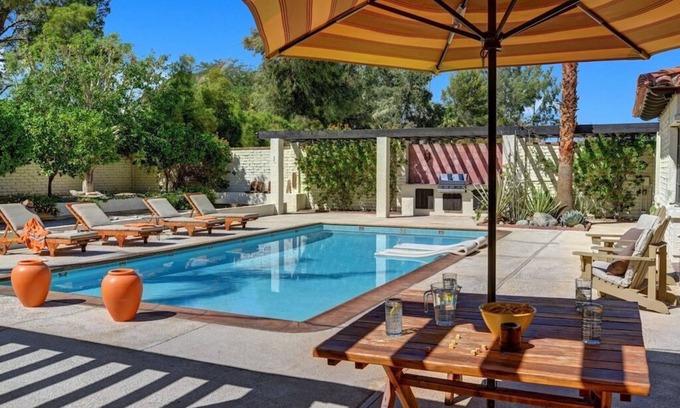 Palm Springs House | Private Spanish Retreat Home - Saltwater Pool, Mountain Views, Bocce Ball, BBQ