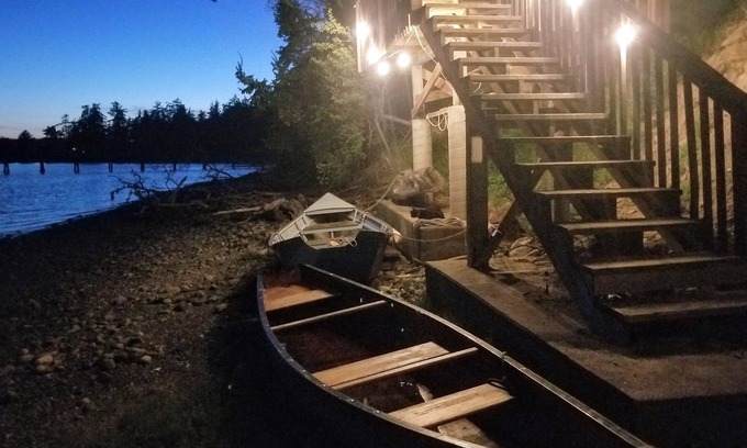 Nordland Cabin | Queen bed, coffee table with futon and beach view, door with beach access