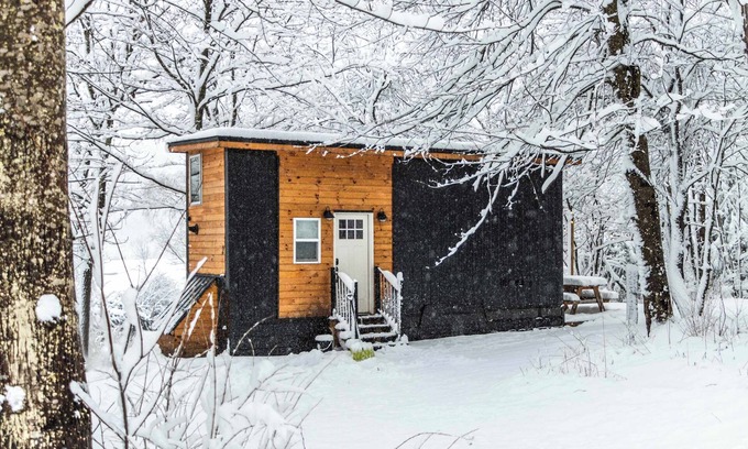 Johnson House | Riverside Tiny House with hot tub near Stowe
