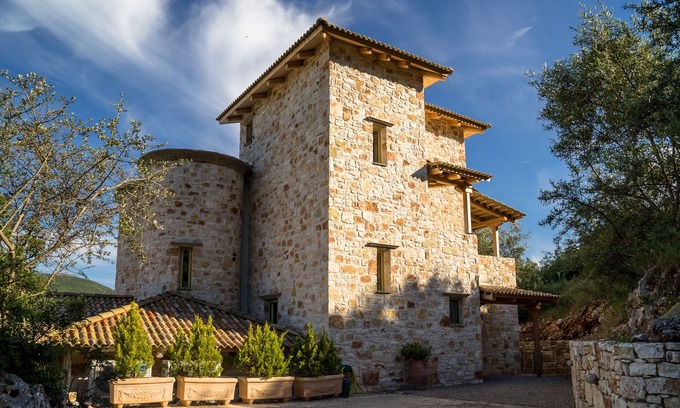 Evgiros Villa | Rose Tower Luxury stone tower villa in the middle of nature with stunning view.