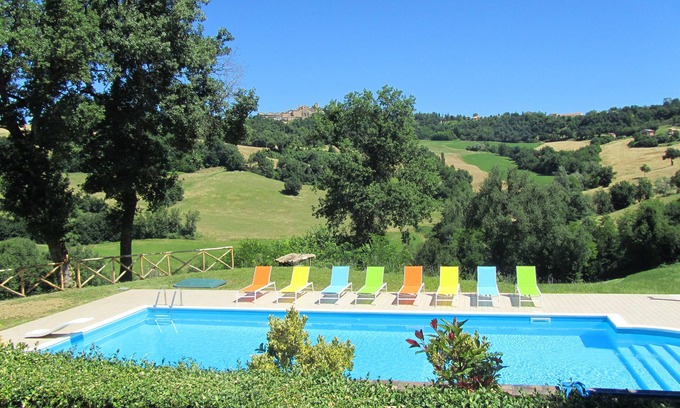 Gualdo Villa | Rural Villa, Large Private Saltwater Pool, Diving Board Mountain & Village Viewn