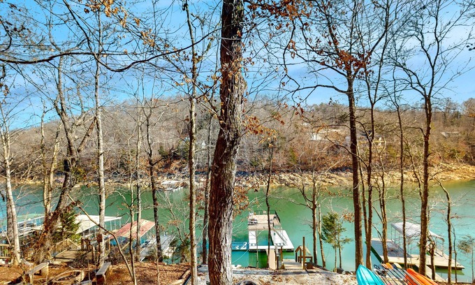 Flat Hollow Marina Cabin | Rustic lakefront retreat with a hot tub, double-deck dock, firepit, grill & deck