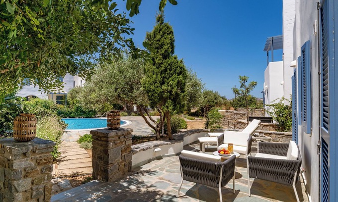 Molos Apartment | Sanders Paros Gardens - Neat 1-Bdr Apt w Patio