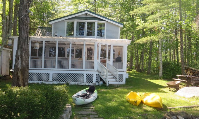 Belgrade Cottage | Screen Porch with see thru roof, BQ, 30' from sandy beach, canoe and 3 kayaks