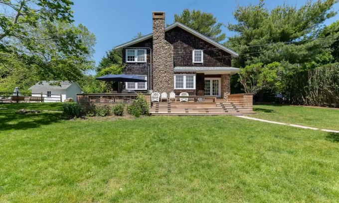 Southold House | Secluded charmer with gunnite & saltwater pool, stone fireplace steps to beach!