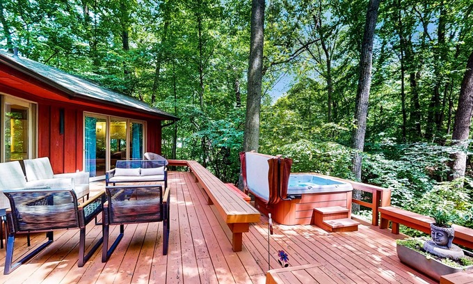 New Buffalo House | Serene Wooded Home w/Private Hot Tub, Firepit & Porch, Dog-Friendly