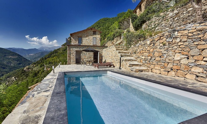 Molini di Triora House | Spacious, stylish holiday home for 6. Private pool, terraces and mountain view.