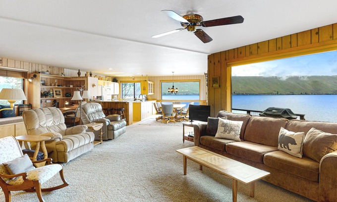 Joseph House | Spacious waterfront home on Wallowa Lake with dock & fireplace