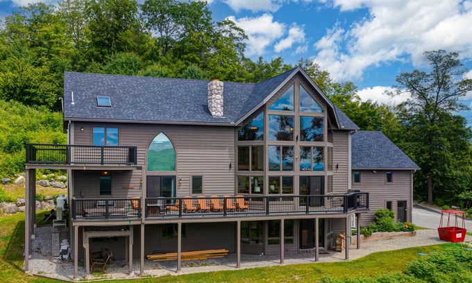 Sunday River Area House | Sprawling mountain-view home with private pool, hot tub, game room, & fireplace