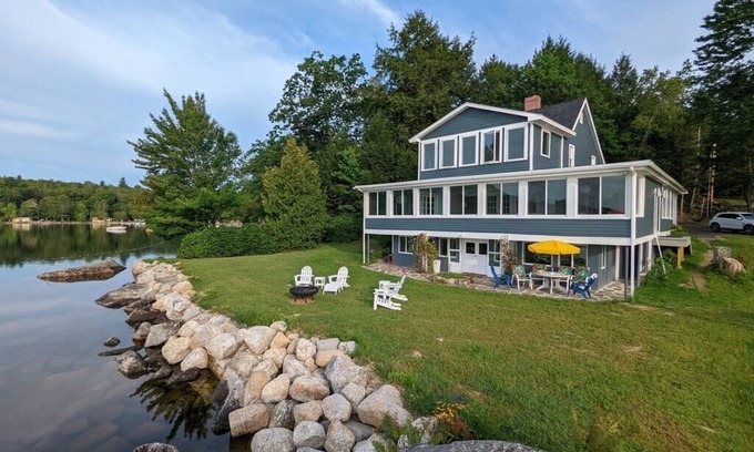 Dedham Cottage | Stunning lakefront home with 270° water views and private beach near Acadia