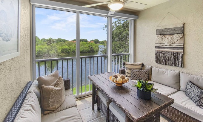 Vamo Condo | Stylish 3 bedroom, 2 bath Palmer Ranch Sarasota condo with a lake view.