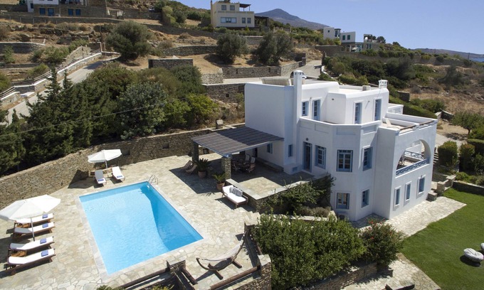 Ydrousa Villa | Superior seafront retreat with private pool, garden and exceptional sunset views