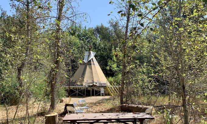 Eagle RV Rental | Teepee tipi in 10 acre Forest Riverfront in Eagle!