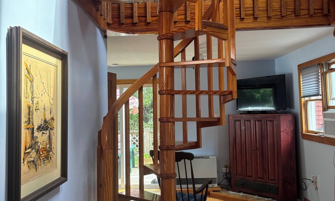 Kennebunkport Apartment | Unique apartment with intricate woodwork and spiral staircase. 5 miles to beach!