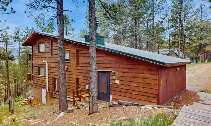 Angel Fire House | Unique lodge w/mountain & valley views, wood-burning fireplace, and decks