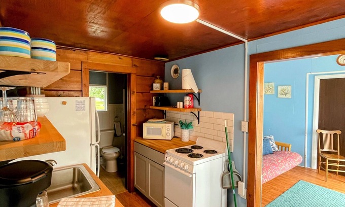 Oscoda Resort | Unit #2-The Lazy Fish one queen bed, full bathroom and renovated kitchen.