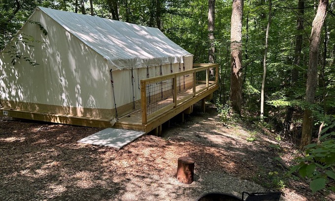 Cuyahoga Falls RV Rental | Valley Overlook, Peninsula, Ohio - Glamping Tent with Outdoor Deck, S2