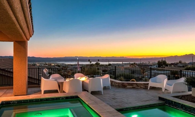 Lake Havasu City House | VIEWS! Luxury Home + Heated Pool, Spa & Fire Pit!