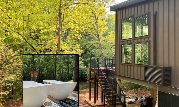 Vein Mountain Cabin | Waterfront Luxury Retreat in 75-Acre Forest. Hike, Kayak, and Soak.